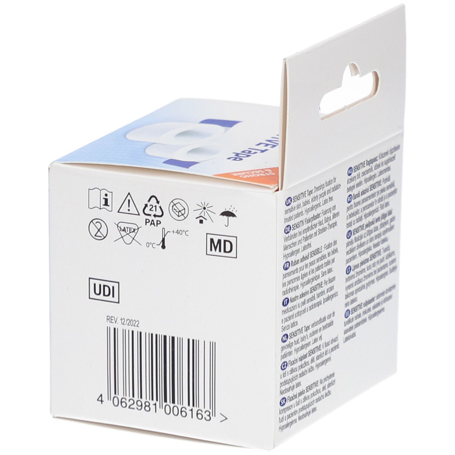 Rückseite der Verpackung von LIVSANE Sensitive Tape. Barcode, UDI-Code, MD-Symbol, Temperaturhinweis.