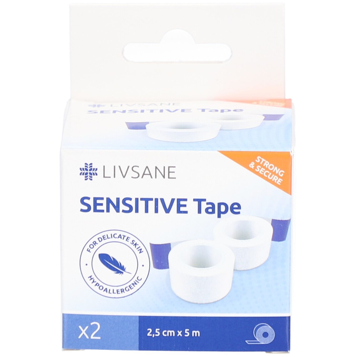 Verpackung von LIVSANE Sensitive Tape. Enthält zwei Rollen. Aufdrucke: Sensitive Tape, 2,5 cm x 5 m, hypoallergen.