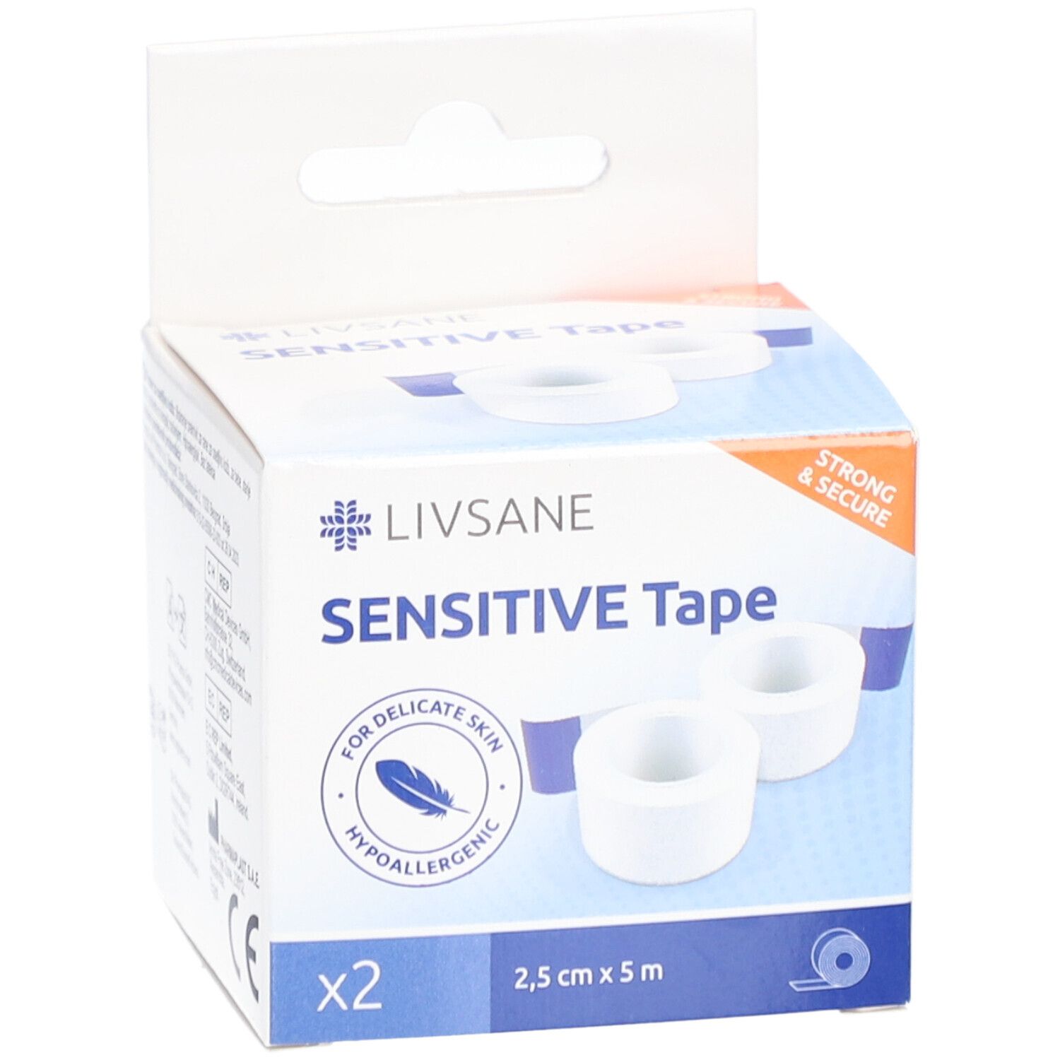 Verpackung von LIVSANE Sensitive Tape. Enthält zwei Rollen. Aufdrucke: Sensitive Tape, 2,5 cm x 5 m, hypoallergen.