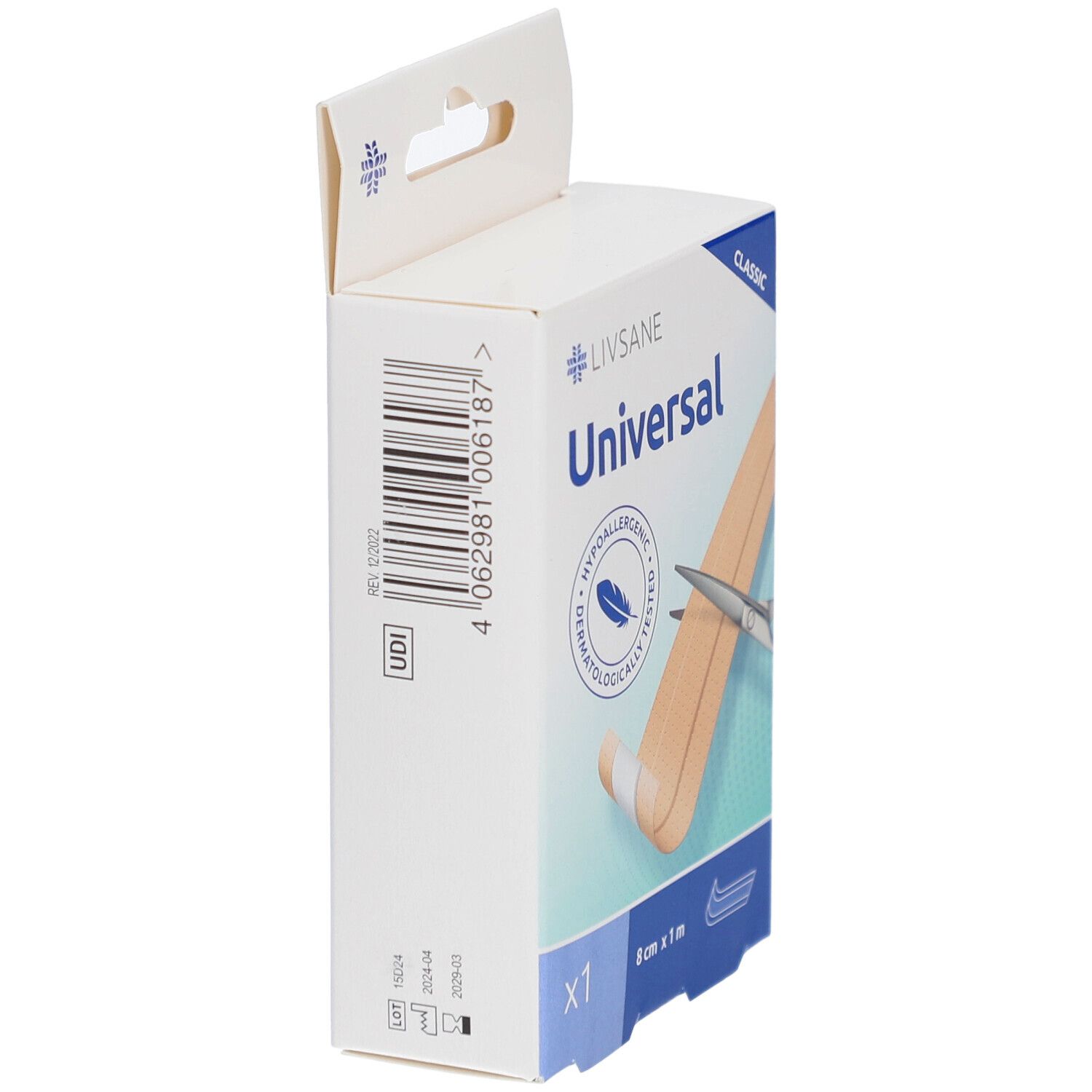 Seitenansicht der Verpackung mit LIVSANE Universal Pflaster. Größe 8 cm x 1 m. Mit Barcode und UDI-Code.