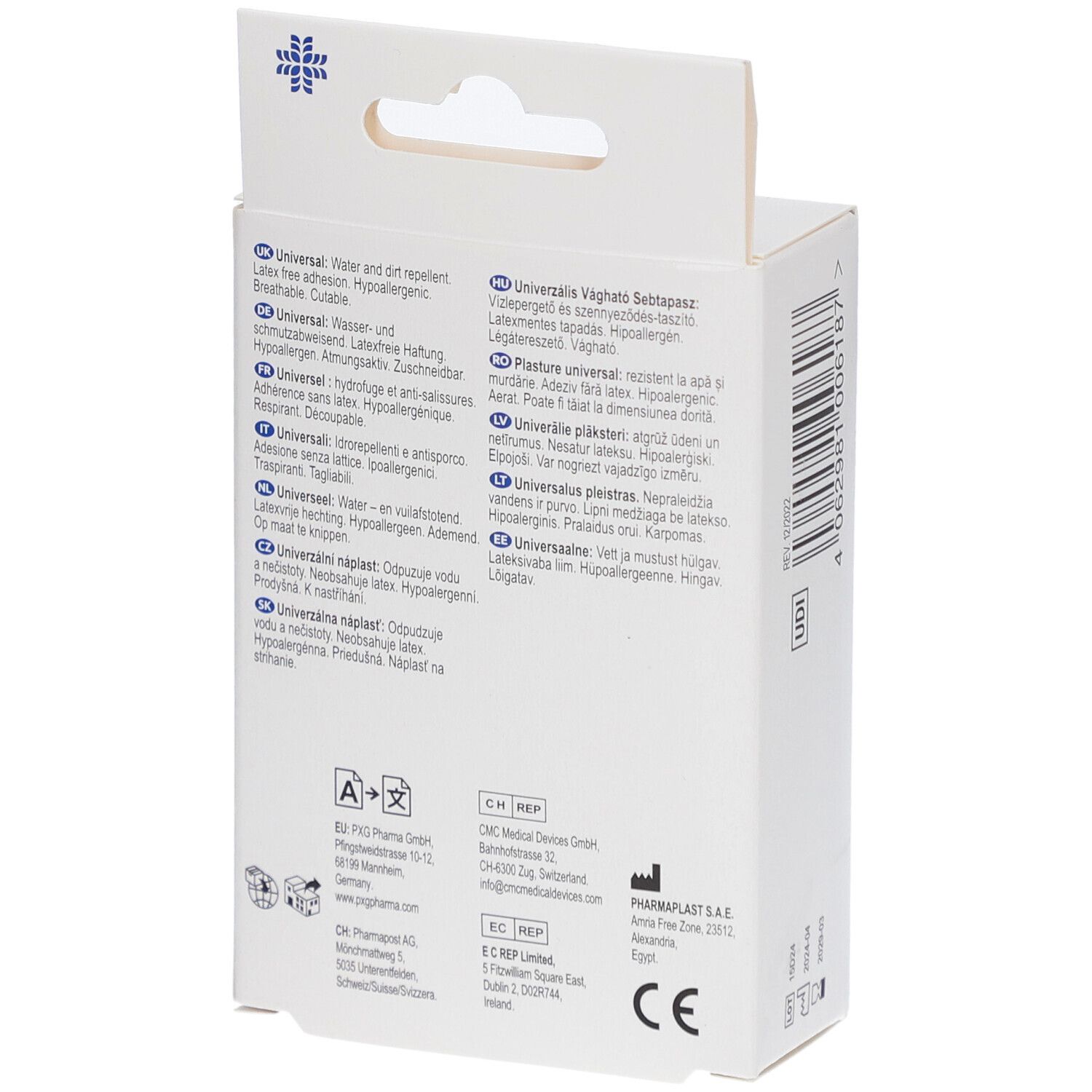 Rückseite der Verpackung mit Text in verschiedenen Sprachen. Enthält Informationen zu LIVSANE Universal Pflaster.