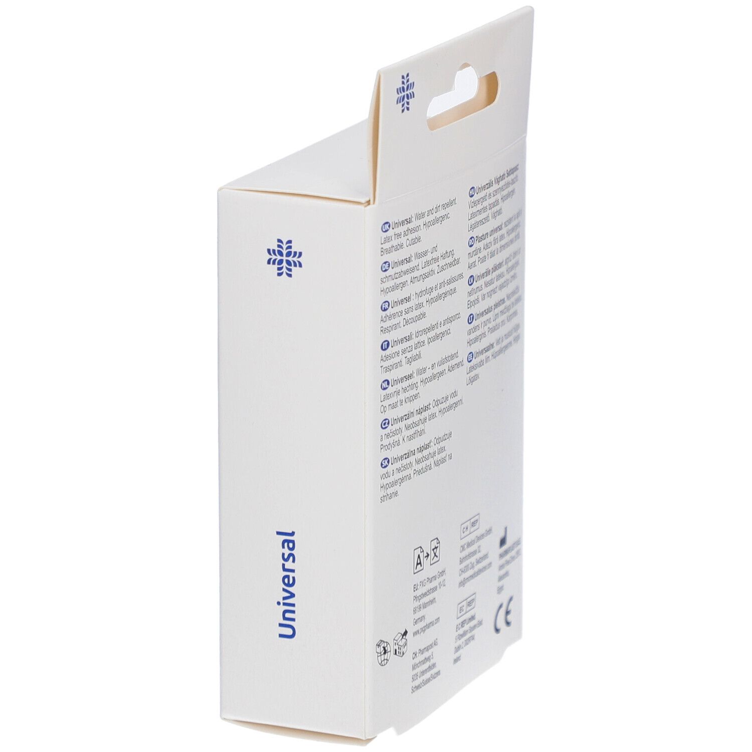 Seitenansicht der Verpackung mit LIVSANE Universal. Enthält Text und Logos. Mit CE-Kennzeichnung.