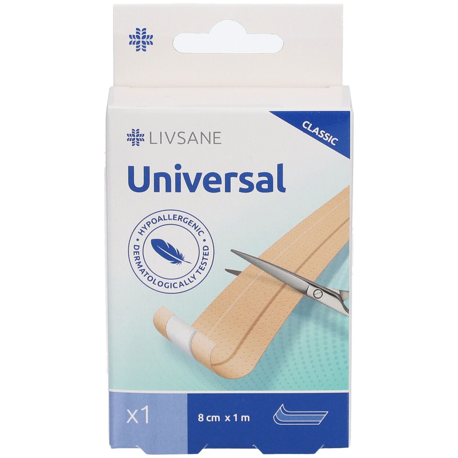Verpackung mit LIVSANE Universal Pflaster. Größe 8 cm x 1 m. Dermatologisch getestet. Mit Schere und Pflasterstreifen.