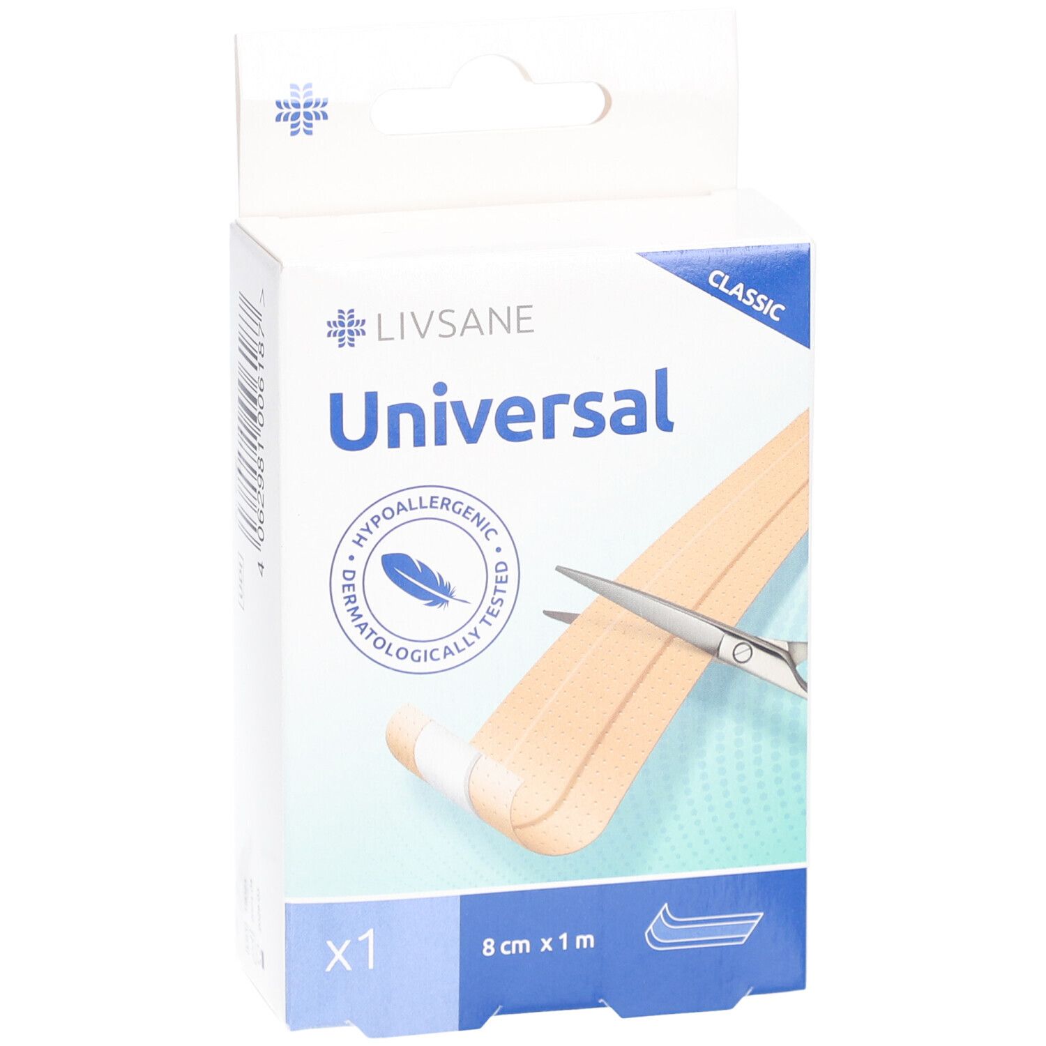 Verpackung mit LIVSANE Universal Pflaster. Größe 8 cm x 1 m. Dermatologisch getestet. Mit Schere und Pflasterstreifen.