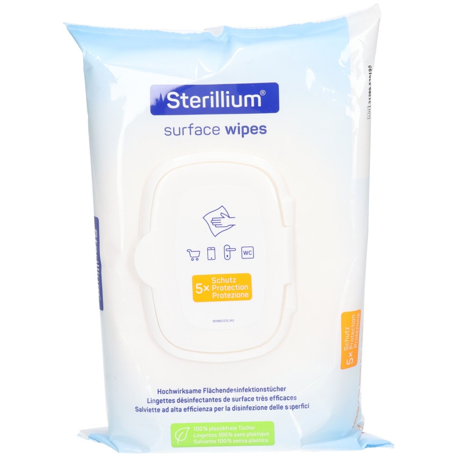 Verpackung mit STERILLIUM surface wipes. Weiß-blaue Folie, Produktname und Logo. 5x Schutz-Symbol.