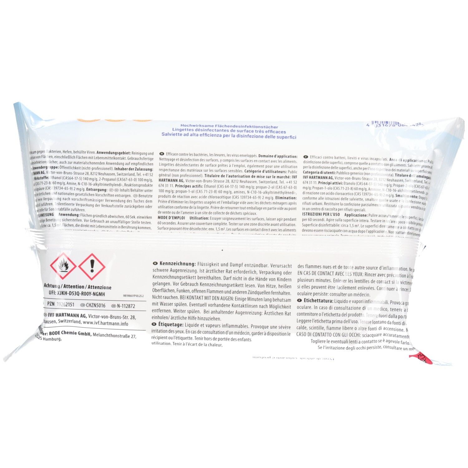 Rückseite der STERILLIUM surface wipes Verpackung. Text in mehreren Sprachen, Warnsymbole.