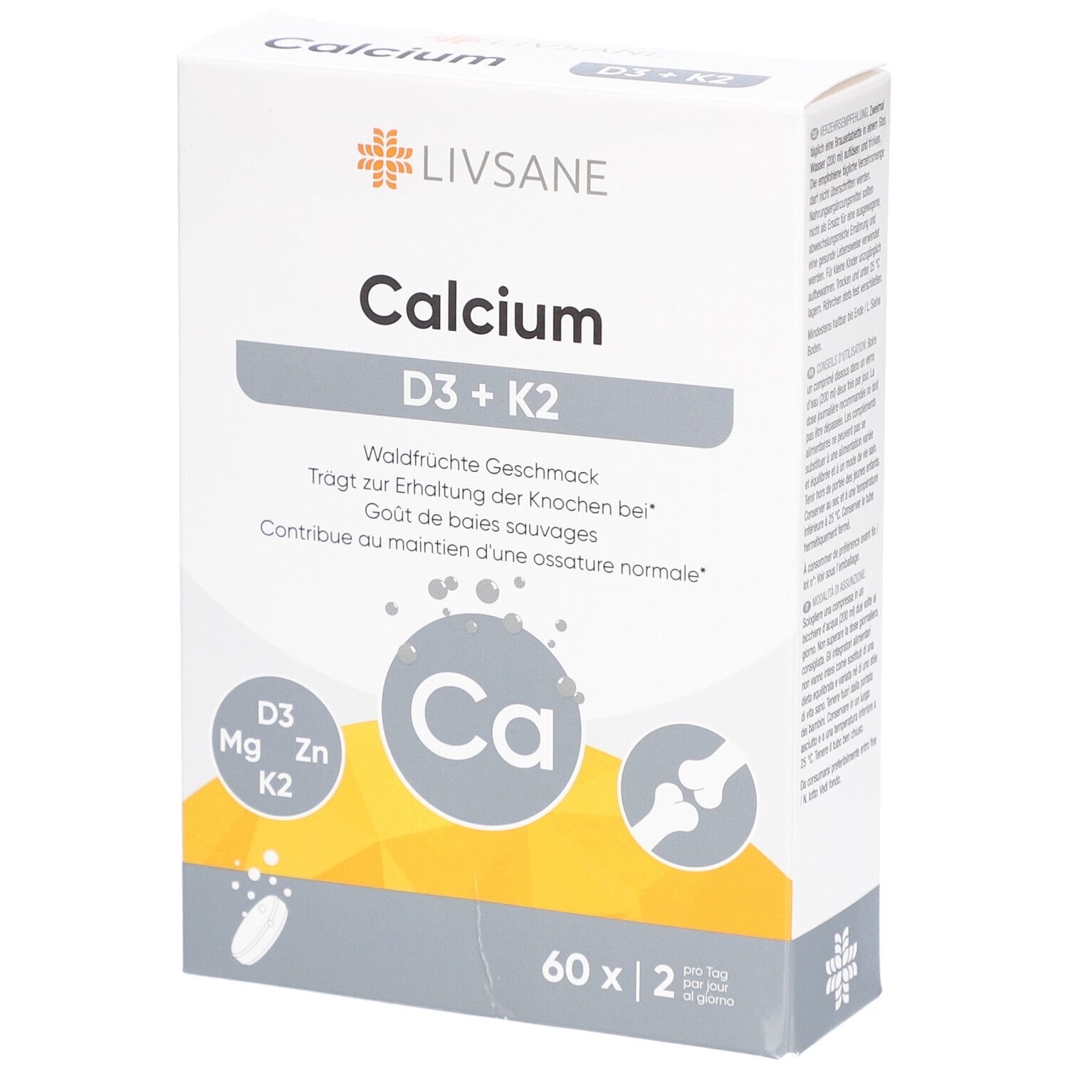LIVSANE Calcium D3 + K2 Packung. Enthält 60 Tabletten. Mit Waldfrüchte Geschmack. Enthält D3, Mg, Zn, K2.