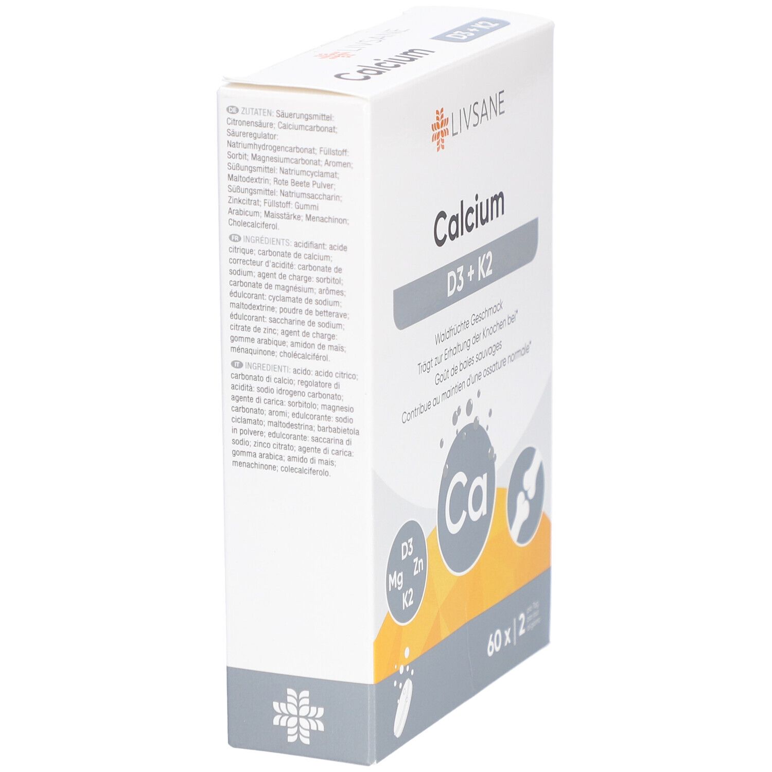 LIVSANE Calcium D3 + K2 Packung. Enthält 60 Tabletten. Mit Waldfrüchte Geschmack. Enthält D3, Mg, Zn, K2.