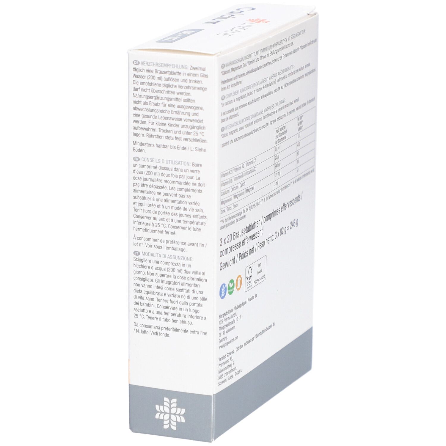 Seite der LIVSANE Calcium D3 + K2 Packung. Enthält Informationen zu Inhaltsstoffen und Nährwerten.
