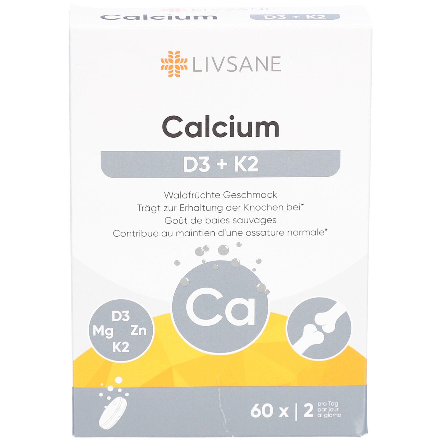LIVSANE Calcium D3 + K2 Packung. Enthält 60 Tabletten. Mit Waldfrüchte Geschmack. Enthält D3, Mg, Zn, K2.