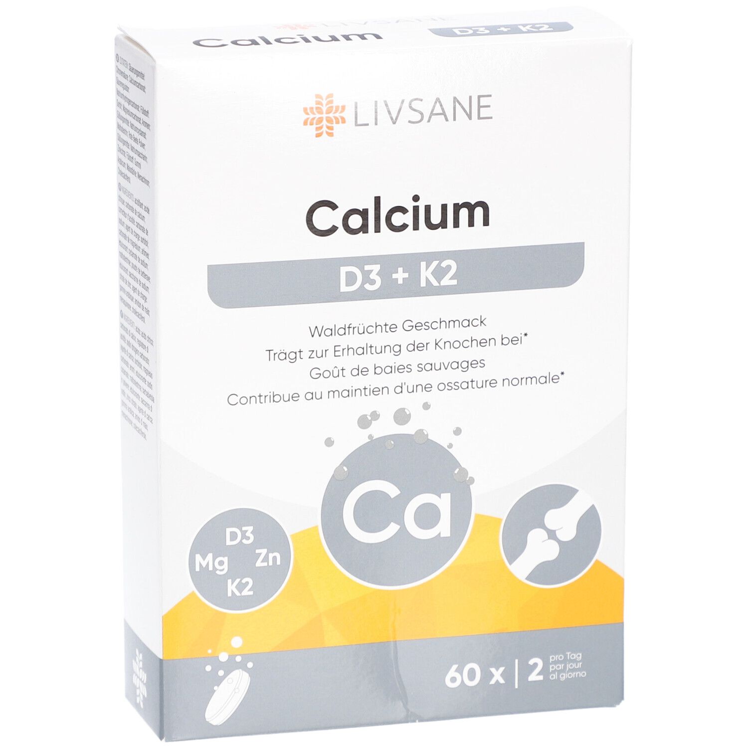 LIVSANE Calcium D3 + K2 Packung. Enthält 60 Tabletten. Mit Waldfrüchte Geschmack. Enthält D3, Mg, Zn, K2.