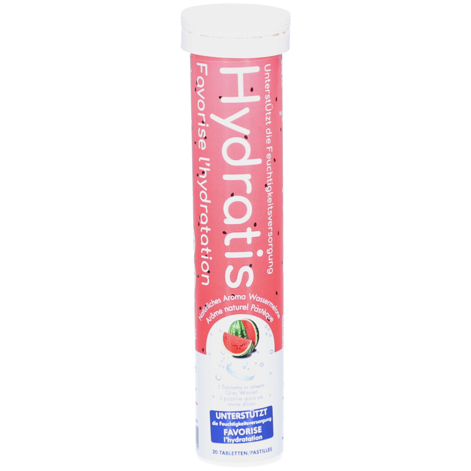 Zylindrische Tube mit Brausetabletten. Rosa-weißes Design mit Produktnamen und Wassermelonen-Illustration. 20 Tabletten.