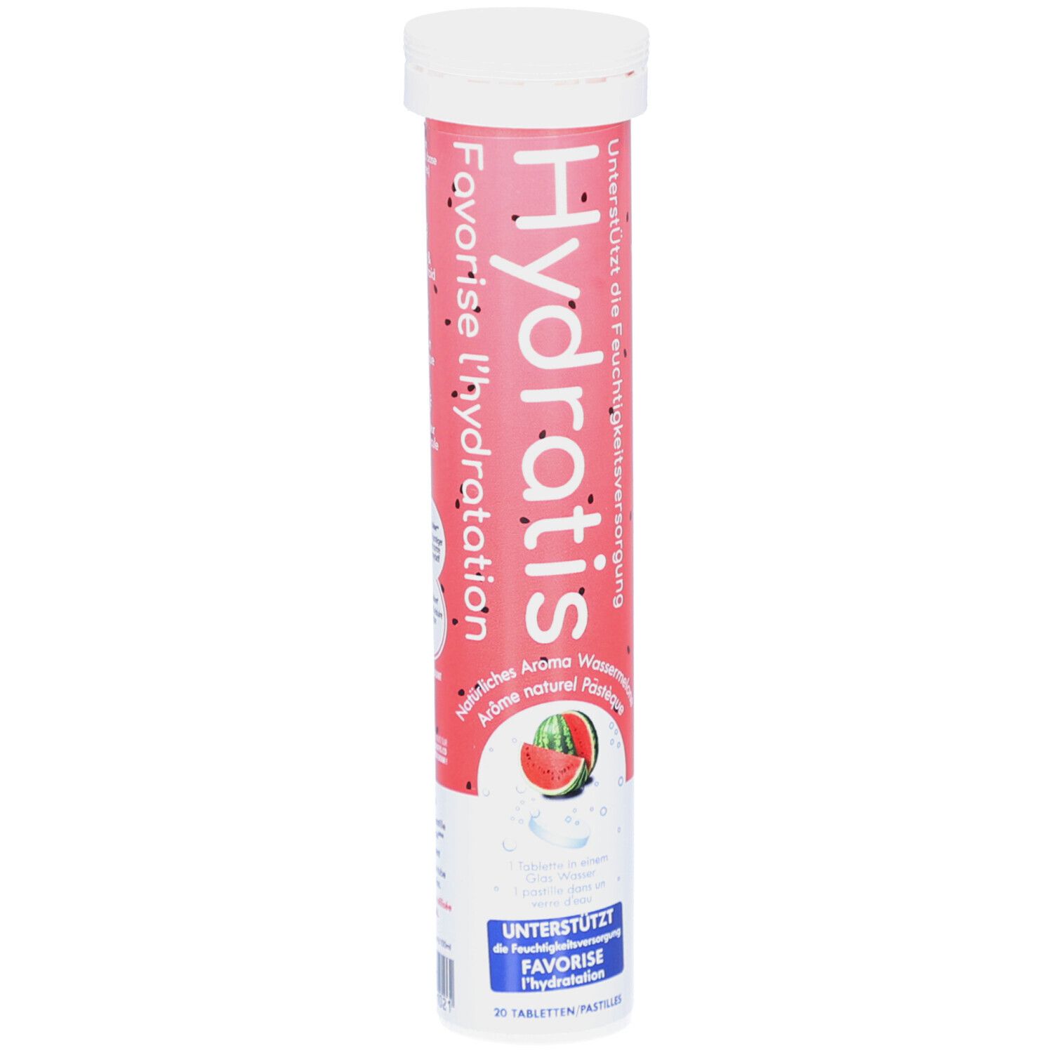 Zylindrische Tube mit Brausetabletten. Rosa-weißes Design mit Produktnamen und Wassermelonen-Illustration. 20 Tabletten.