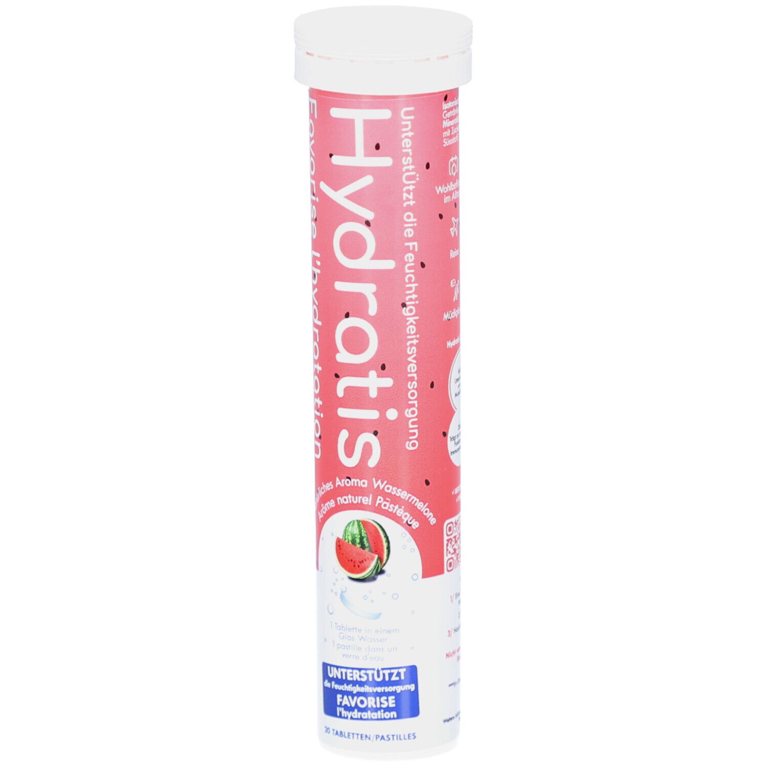 Zylindrische Tube mit Brausetabletten. Rosa-weißes Design mit Produktnamen und Wassermelonen-Illustration. 20 Tabletten.