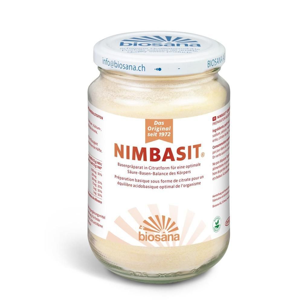 NIMBASIT Basenpräparat Pulver im Glas mit Etikett und Biosana Logo.