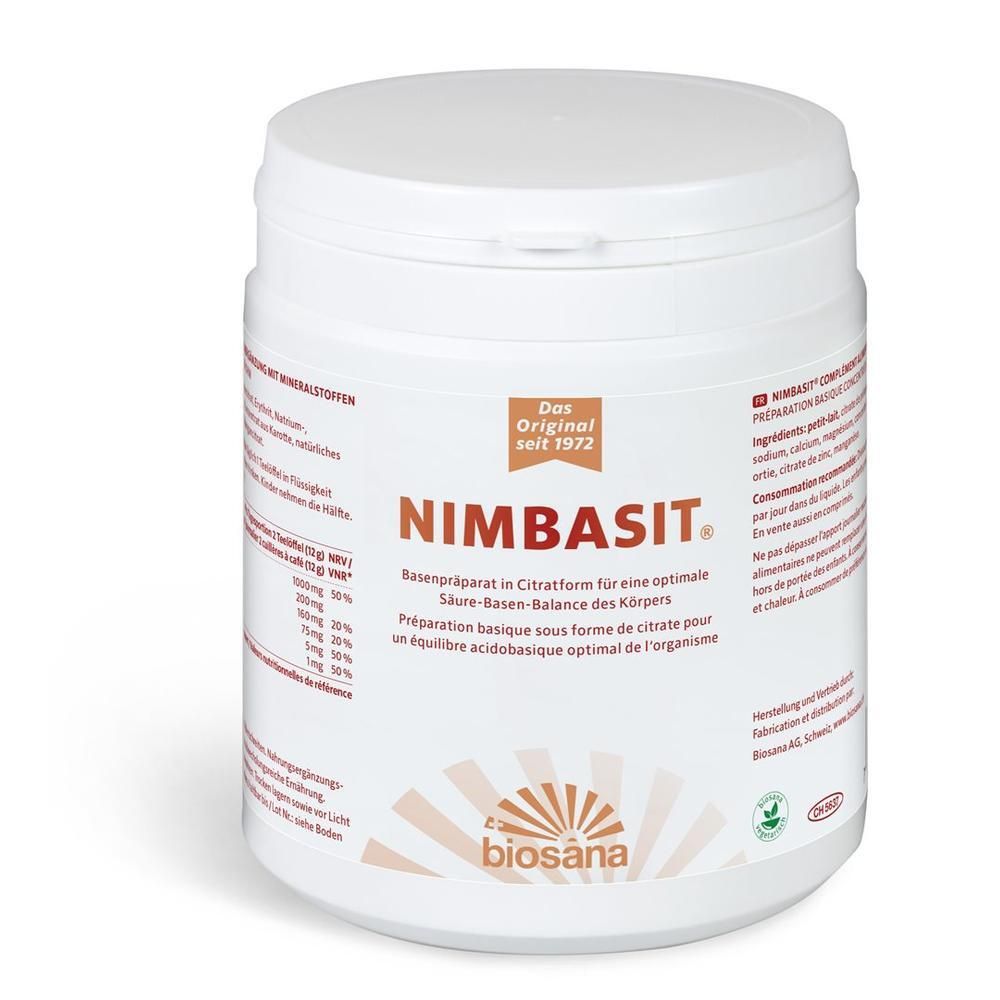 Nimbasit Basenpräparat in Citratform, weißer Behälter mit orange-weißen Akzenten und Produktinformationen.