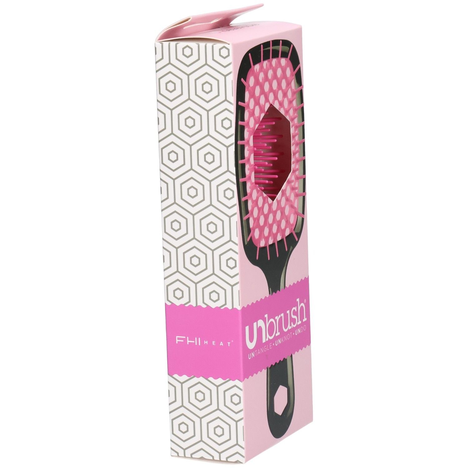 UNBRUSH Entwirrbürste in Verpackung. Seitenansicht. Schwarzer Griff, pinke Borsten. Pinke Verpackung mit Logo.