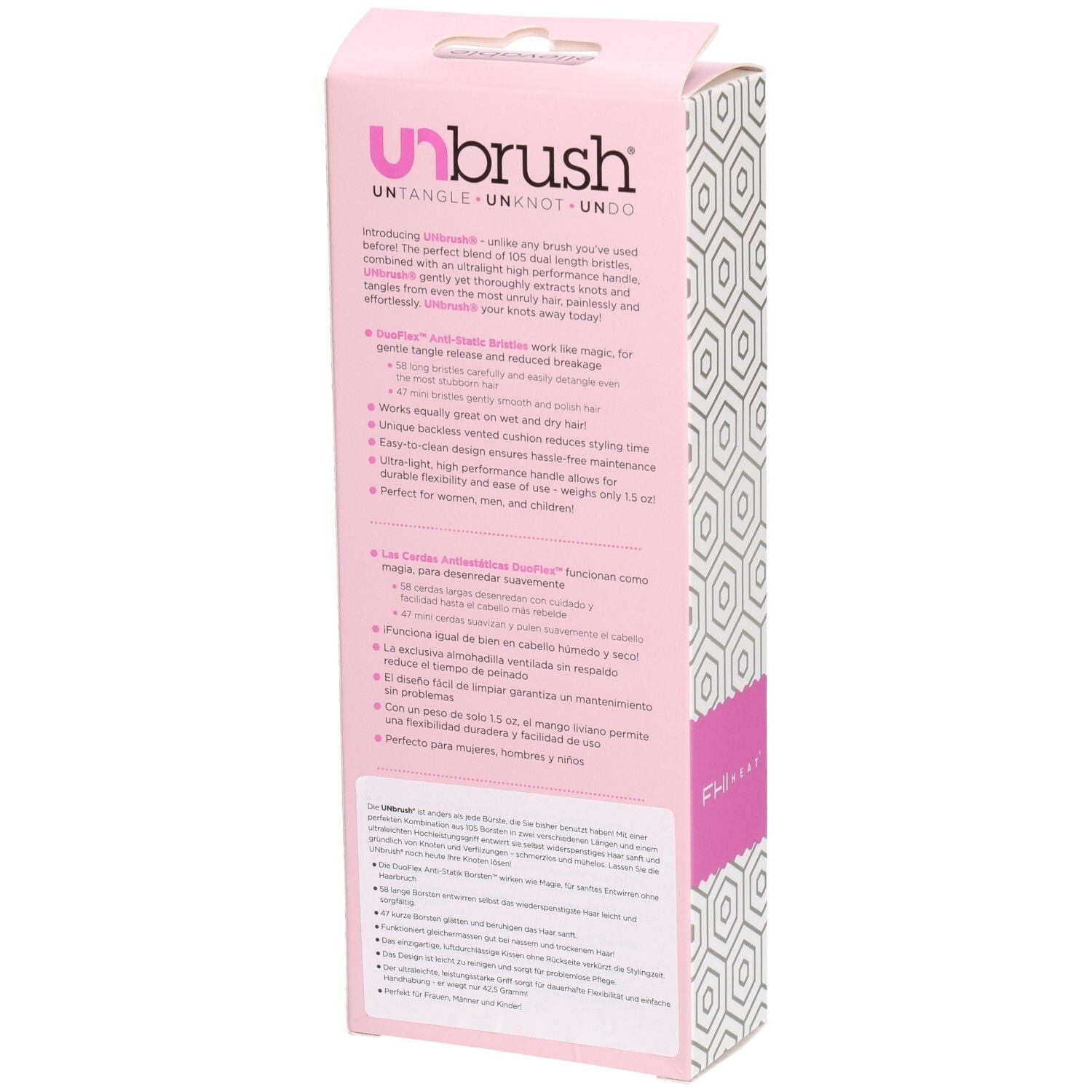 Rückseite der UNBRUSH Verpackung. Text in mehreren Sprachen. Pinker Streifen mit Markenlogo.