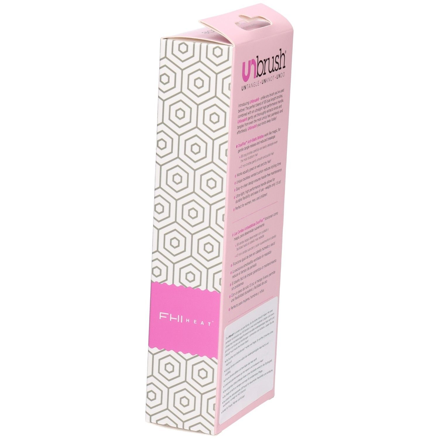 Seitenansicht der UNBRUSH Verpackung. Pinker Streifen mit Markenlogo. Text in mehreren Sprachen.