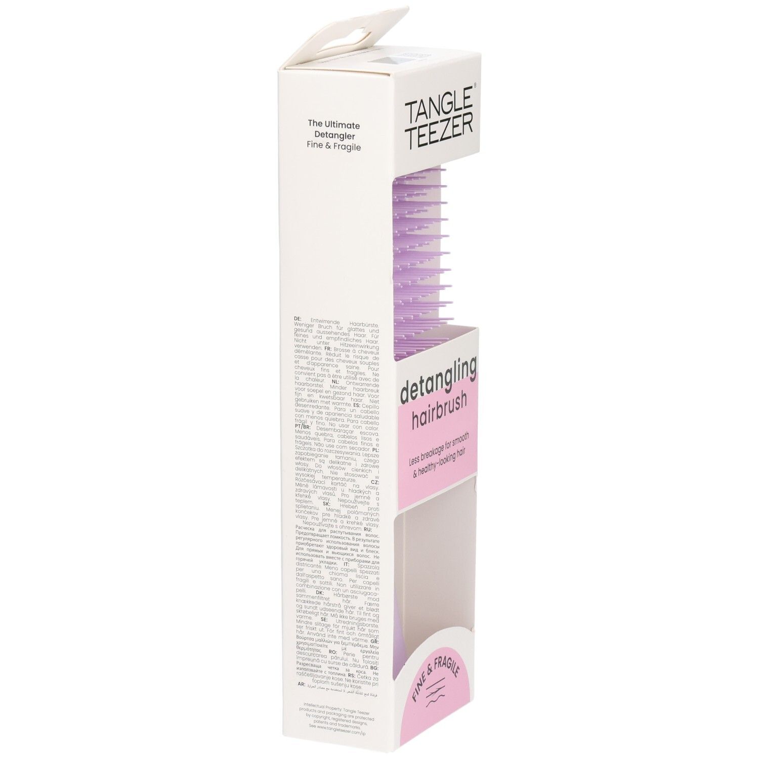 Verpackung der Entwirrbürste. Seite mit Text. Marke: Tangle Teezer. Text: Fine & Fragile.