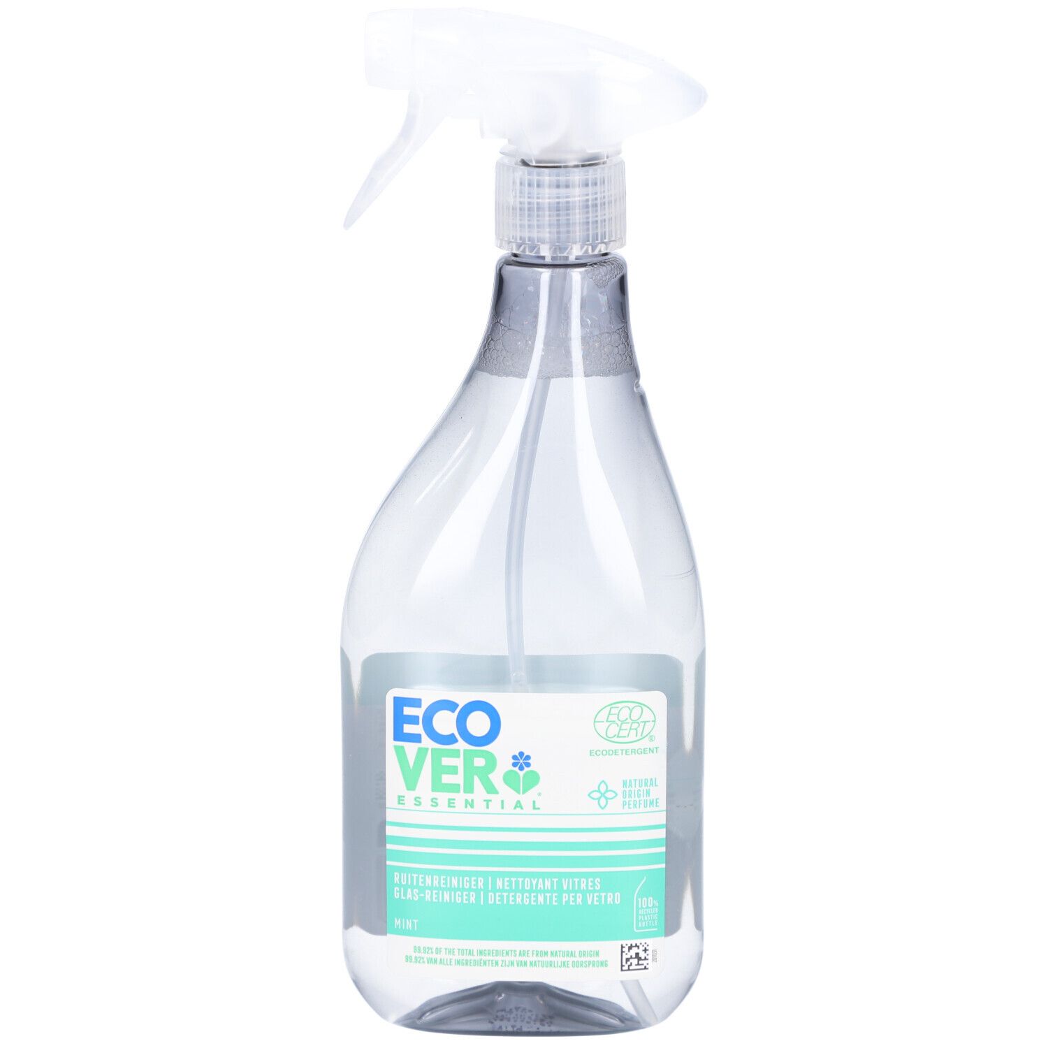 Sprühflasche mit Etikett. Aufschrift: ECOVER Essential. Grün-weißes Etikett mit Produktinformationen und Logo.