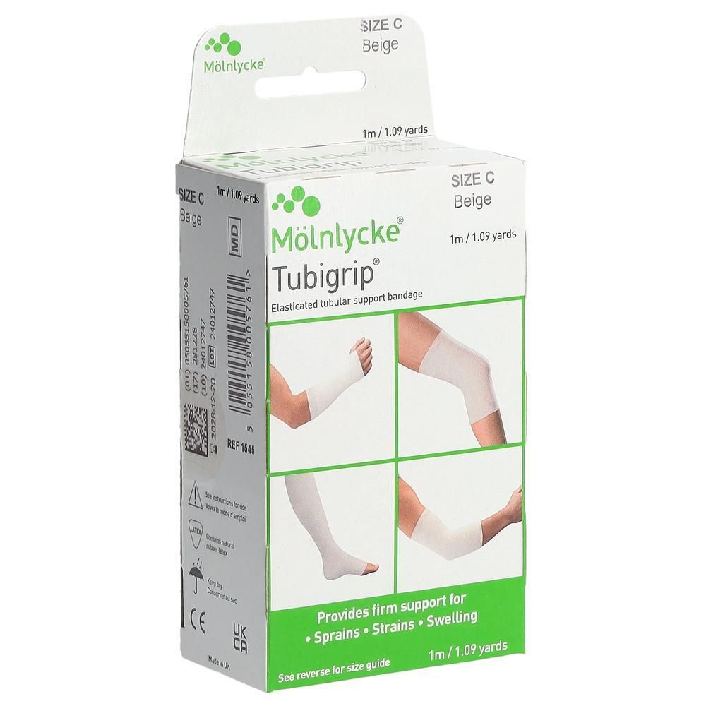 Mölnlycke Tubigrip-Verpackung. Größe C, beige. Elastische Schlauchbinde. Abbildungen zeigen Anwendung. Bietet Halt bei Verstauchungen.
