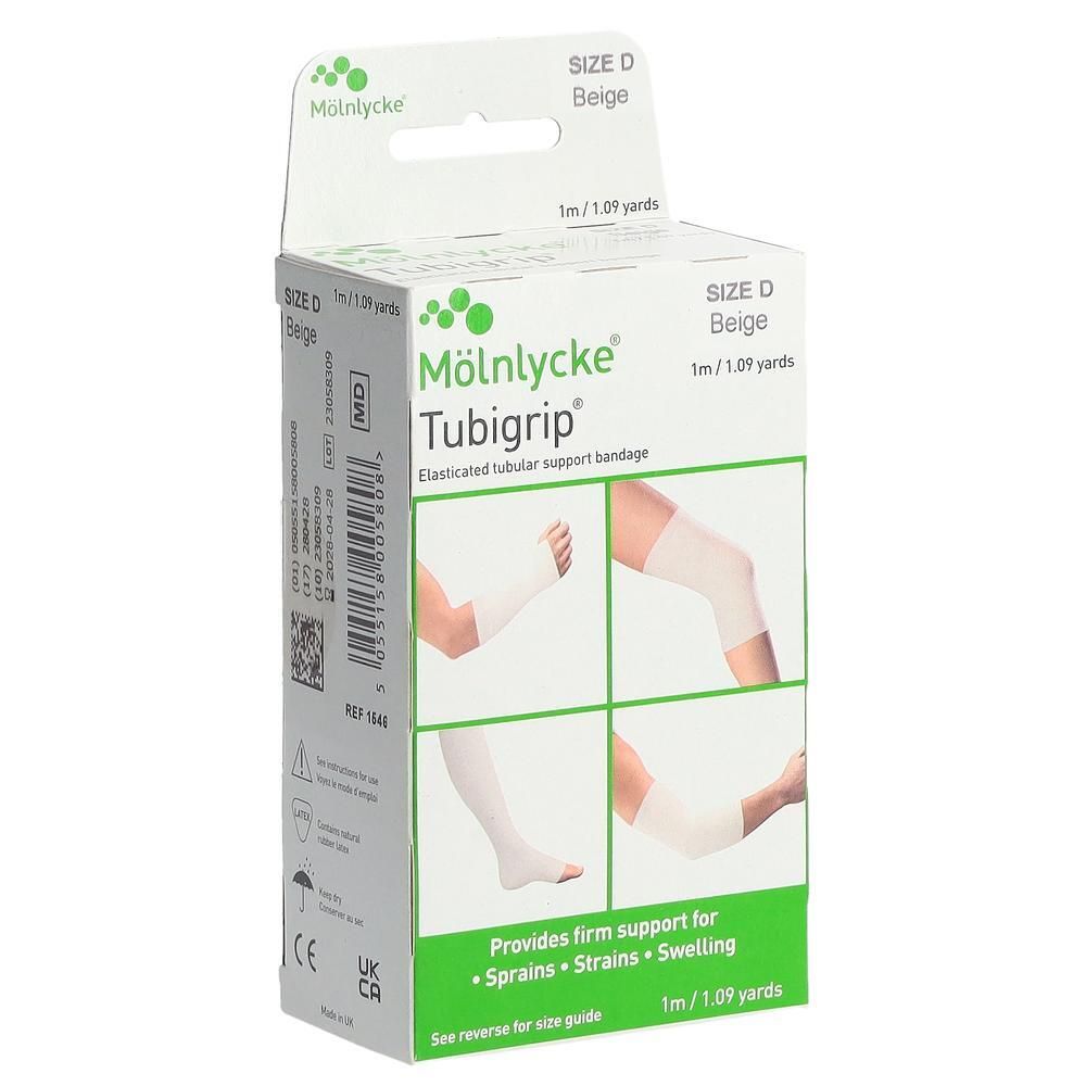 Mölnlycke Tubigrip, elastische Schlauchbinde, Größe D, beige. Verpackung mit Produktabbildungen und Text. Bietet Halt bei Verstauchungen, Zerrungen, Schwellungen.