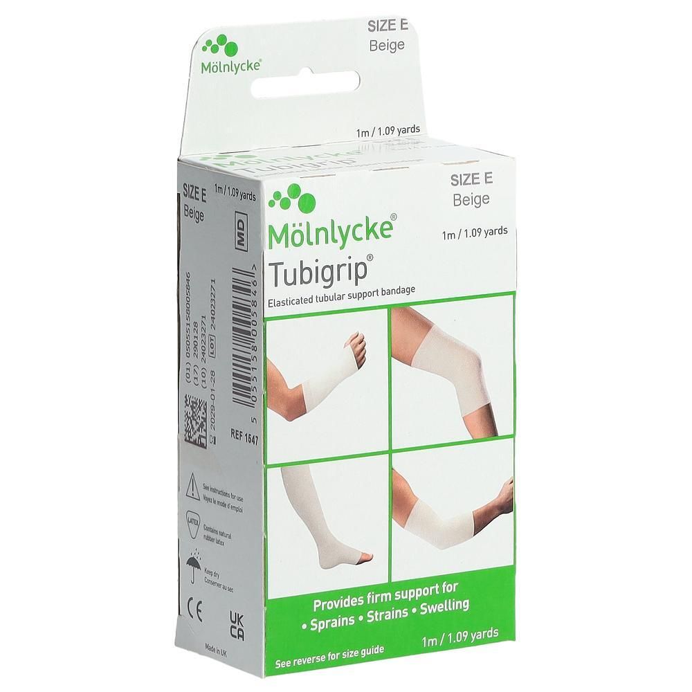 Verpackung von Mölnlycke Tubigrip. Größe E, beige. Abbildung von Bandagen an Bein und Arm. Bietet festen Halt bei Verstauchungen, Zerrungen und Schwellungen.