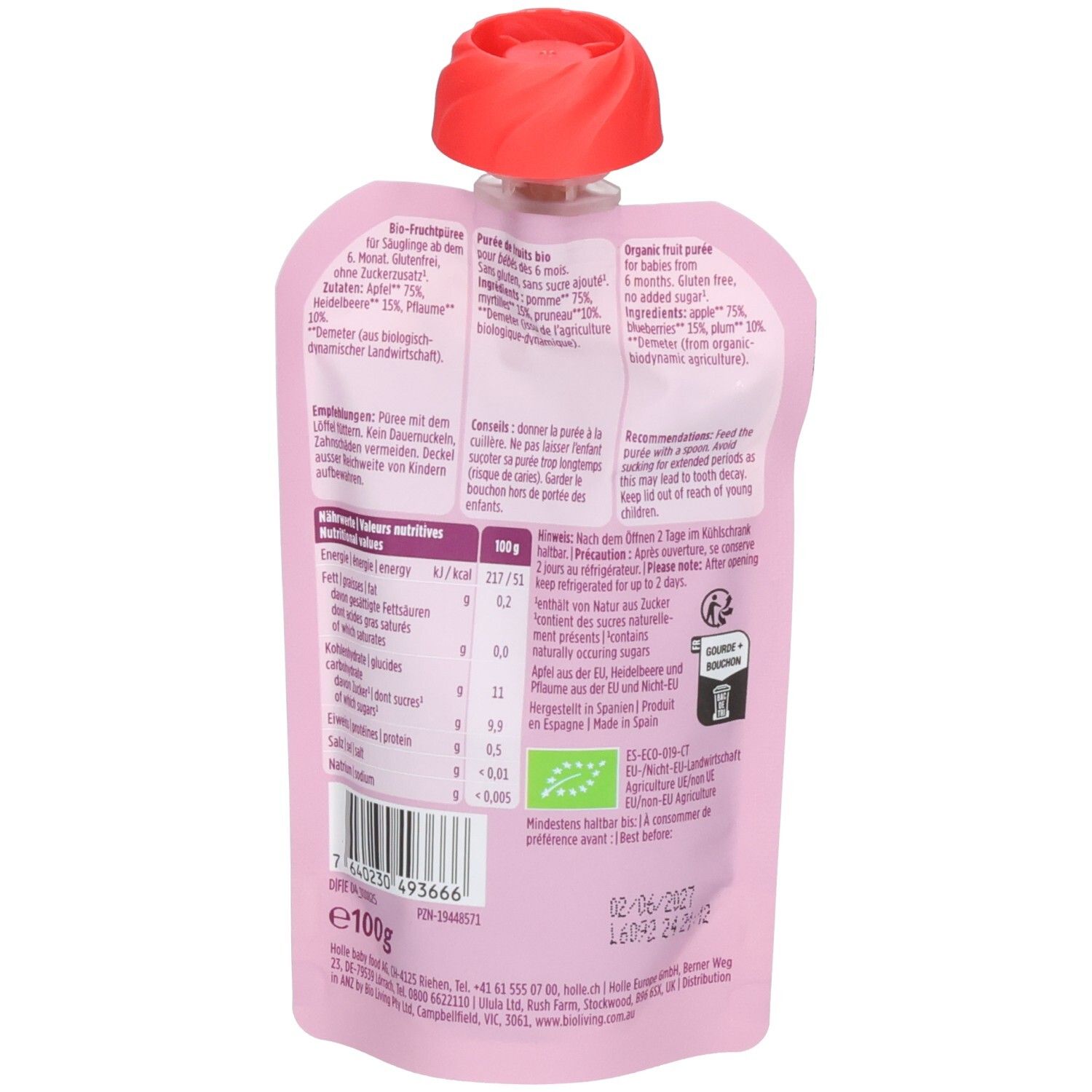Rückseite der Holle Bio-Organic Dino Dance Pouch mit Nährwertangaben und Demeter-Siegel.