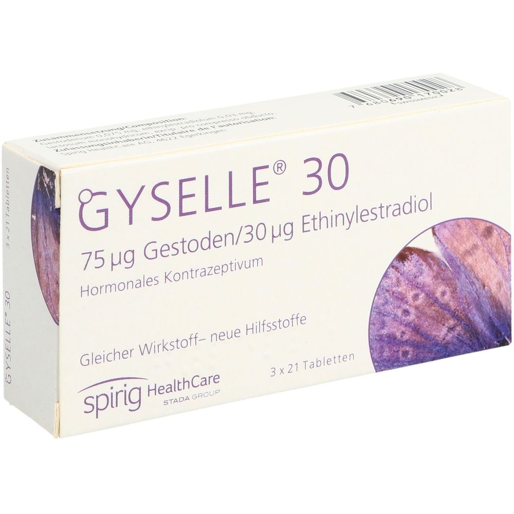 Boîte GYSELLE 30, 75 µg Gestodène/30 µg Éthinylestradiol, contraceptif hormonal. Contient 3 x 21 comprimés. Marque spirig HealthCare.