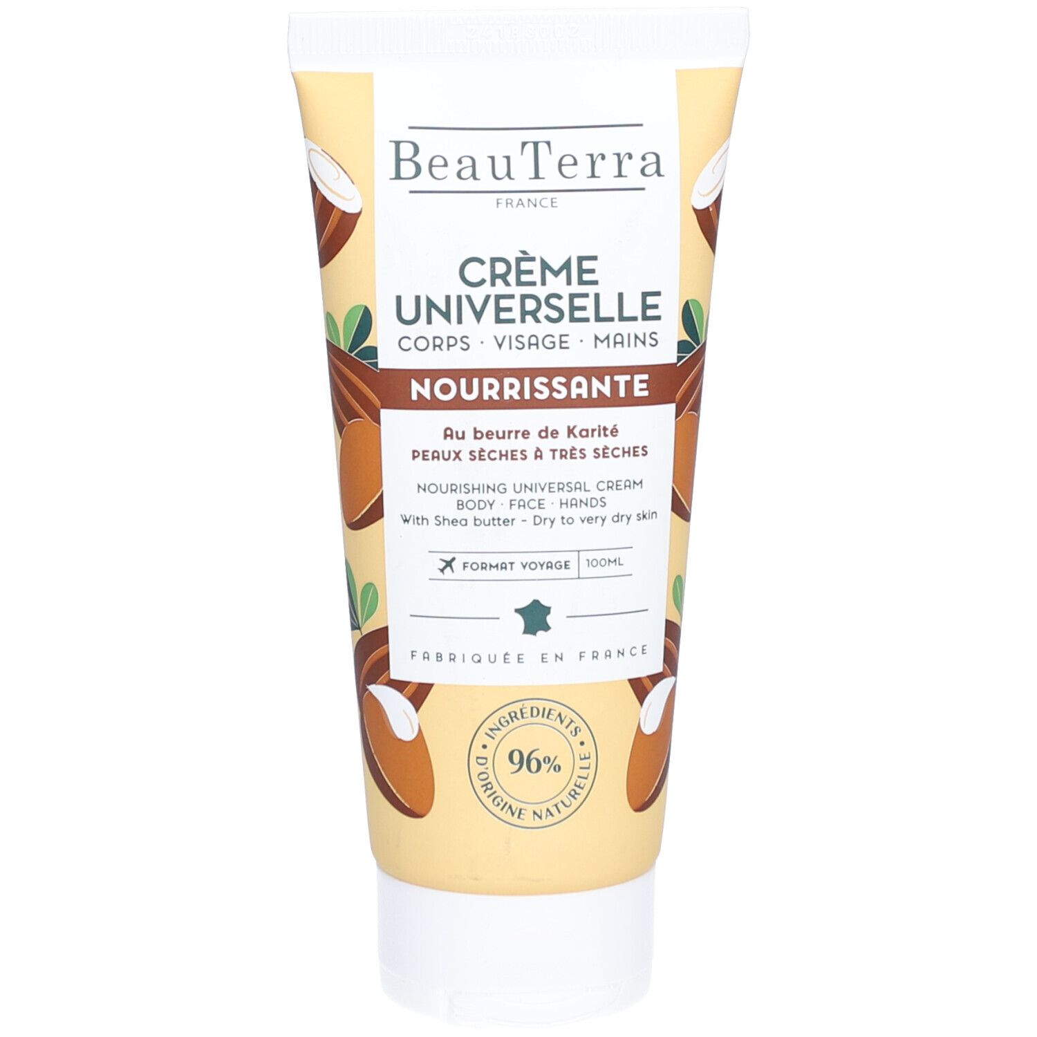 Tube de Crème Universelle Beauterra. Inscription: Crème Universelle Nourrissante Corps Visage Mains. Beurre de Karité. Format voyage.