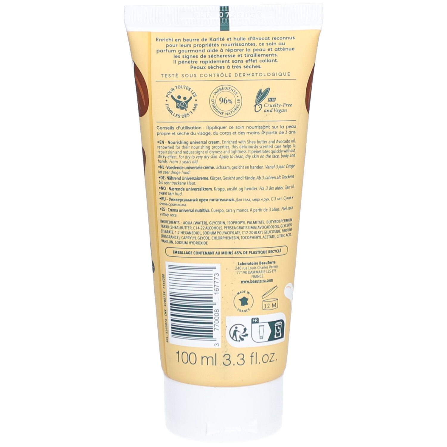 Dos du tube de Crème Universelle Beauterra. Texte: Crème Universelle Nourrissante. Beurre de Karité. 96% ingrédients d'origine naturelle. Vegan.