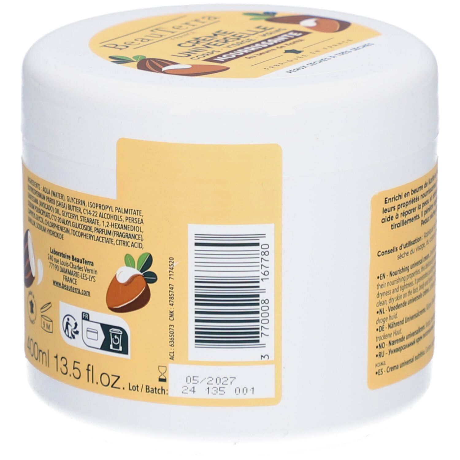 Côté du pot blanc. Code-barres et ingrédients. 400ml. A consommer de préférence avant 05/2027.