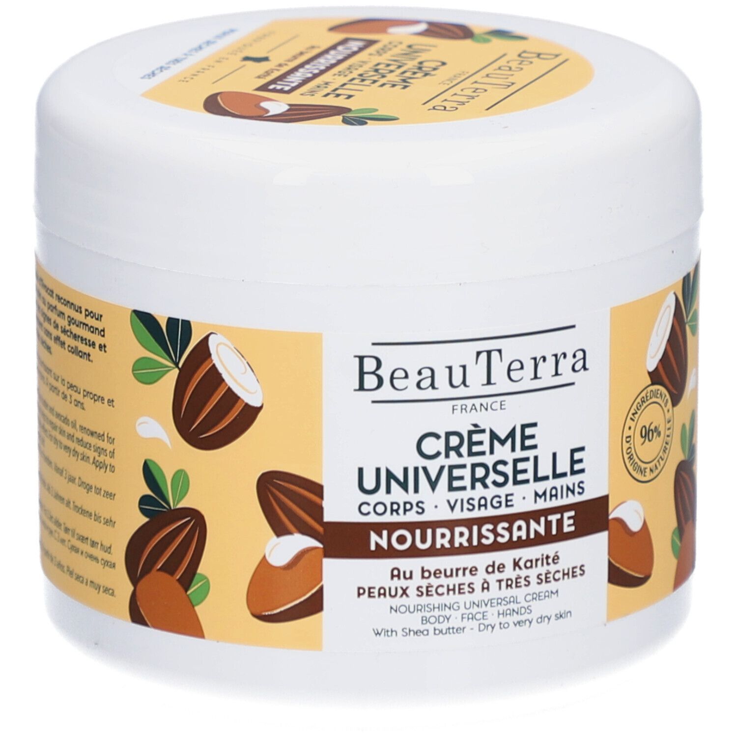 Pot blanc avec couvercle jaune. Inscription : Crème Universelle, Corps, Visage, Mains. Au beurre de karité. 96% d'ingrédients d'origine naturelle.