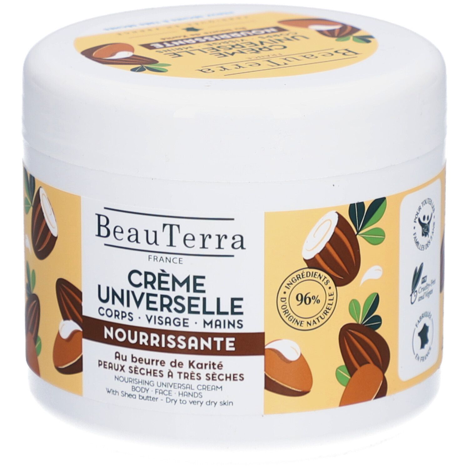 Pot blanc avec couvercle jaune. Inscription : Crème Universelle, Corps, Visage, Mains. Au beurre de karité. 96% d'ingrédients d'origine naturelle.