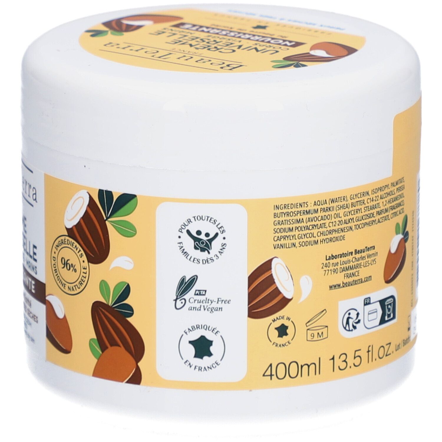 Côté du pot blanc. Ingrédients, logos : Familles, Cruelty-Free, Vegan, Fabriqué en France. 400ml.