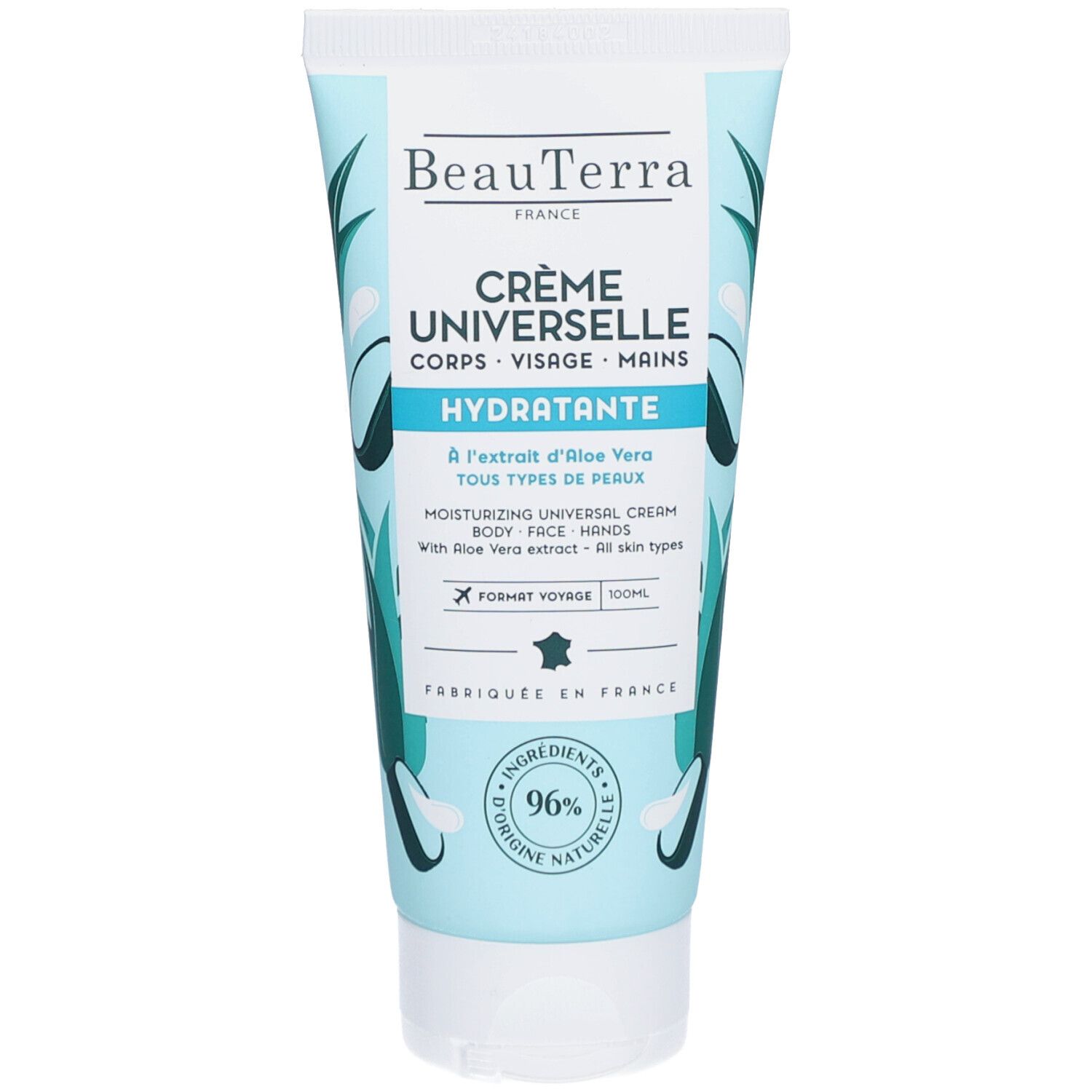 Tube de crème bleu clair. Inscription: Crème Universelle, Hydratante. Avec extrait d'Aloe Vera. 96% ingrédients d'origine naturelle.