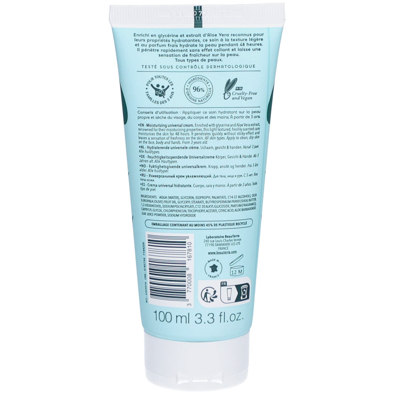 Dos du tube de crème. Texte multilingue. Contient des informations sur l'utilisation et les ingrédients. 100 ml.