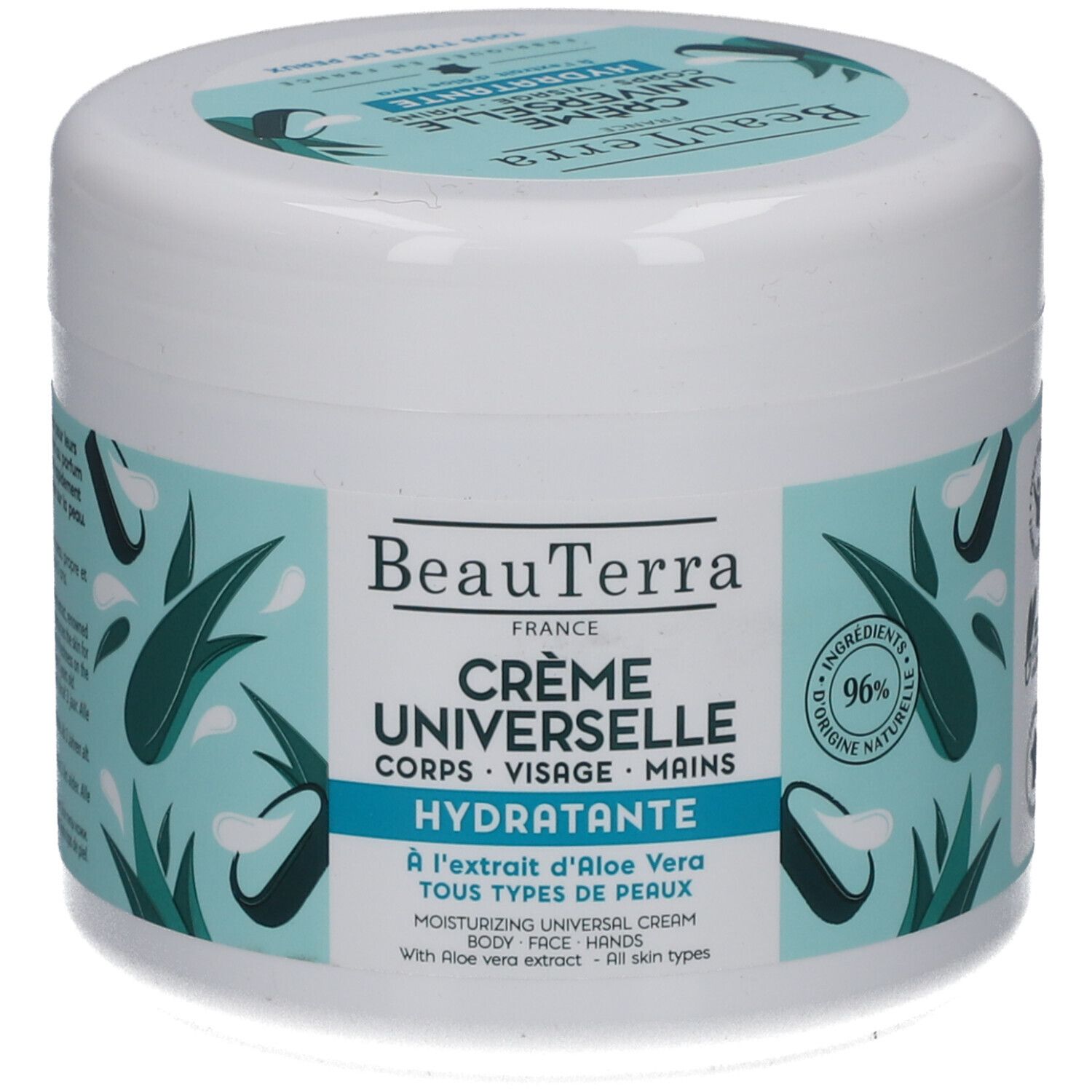 Pot blanc avec texte bleu-vert. Crème Universelle, Corps, Visage, Mains. Extrait d'Aloe Vera. 96% ingrédients d'origine naturelle.