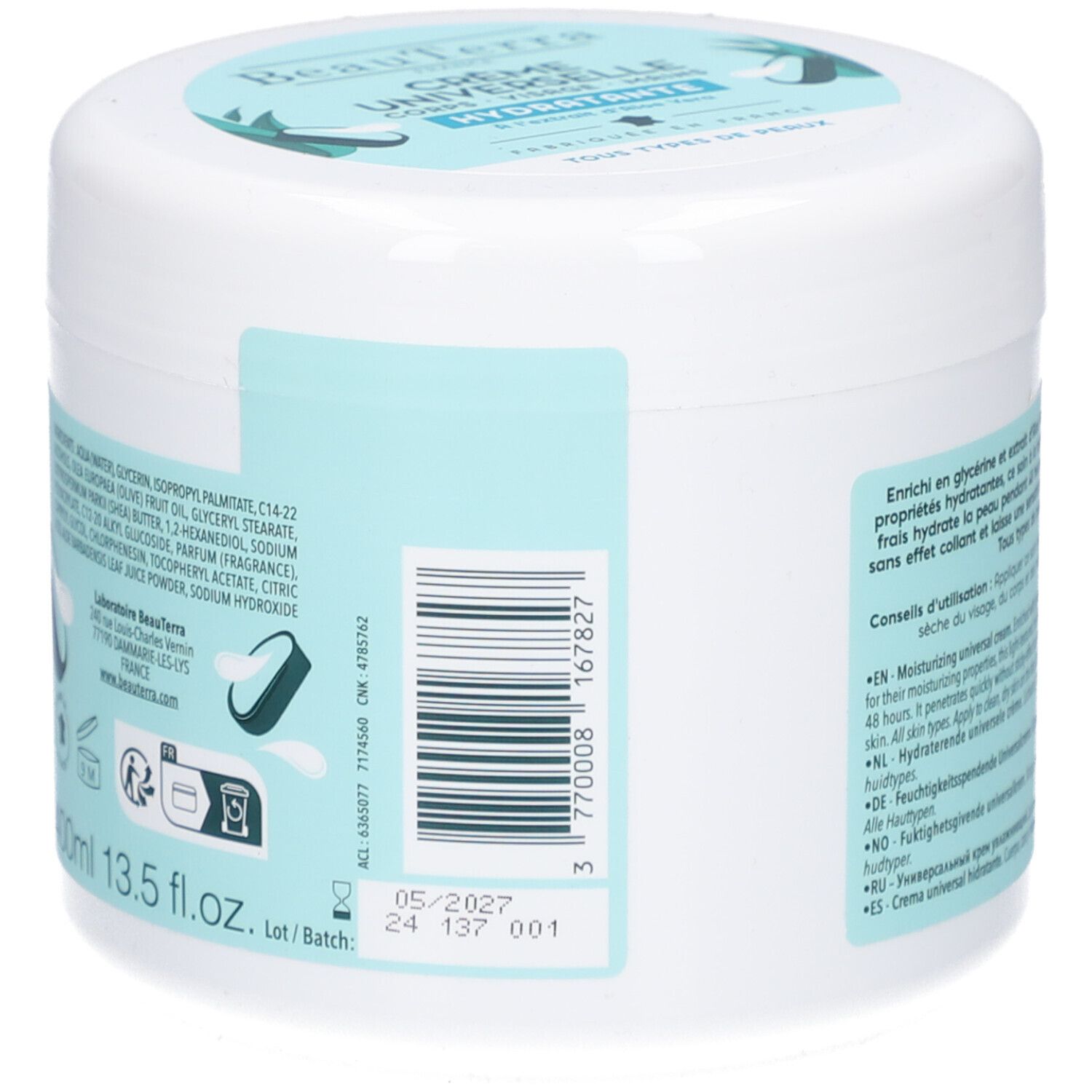 Dos du pot blanc. Ingrédients, numéro de lot, date de péremption. Code-barres. 400ml.