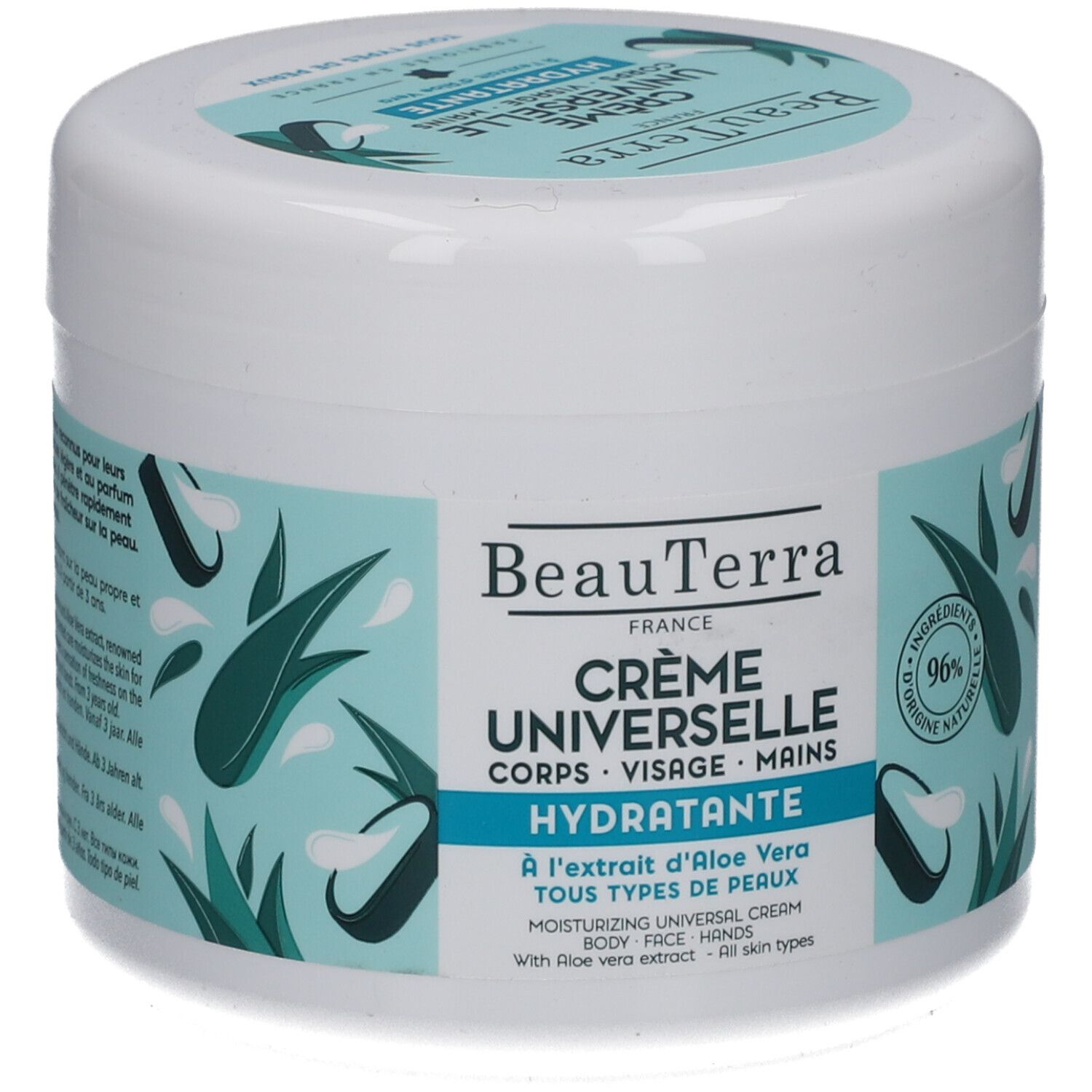 Pot blanc avec texte bleu-vert. Crème Universelle, Corps, Visage, Mains. Extrait d'Aloe Vera. 96% ingrédients d'origine naturelle.