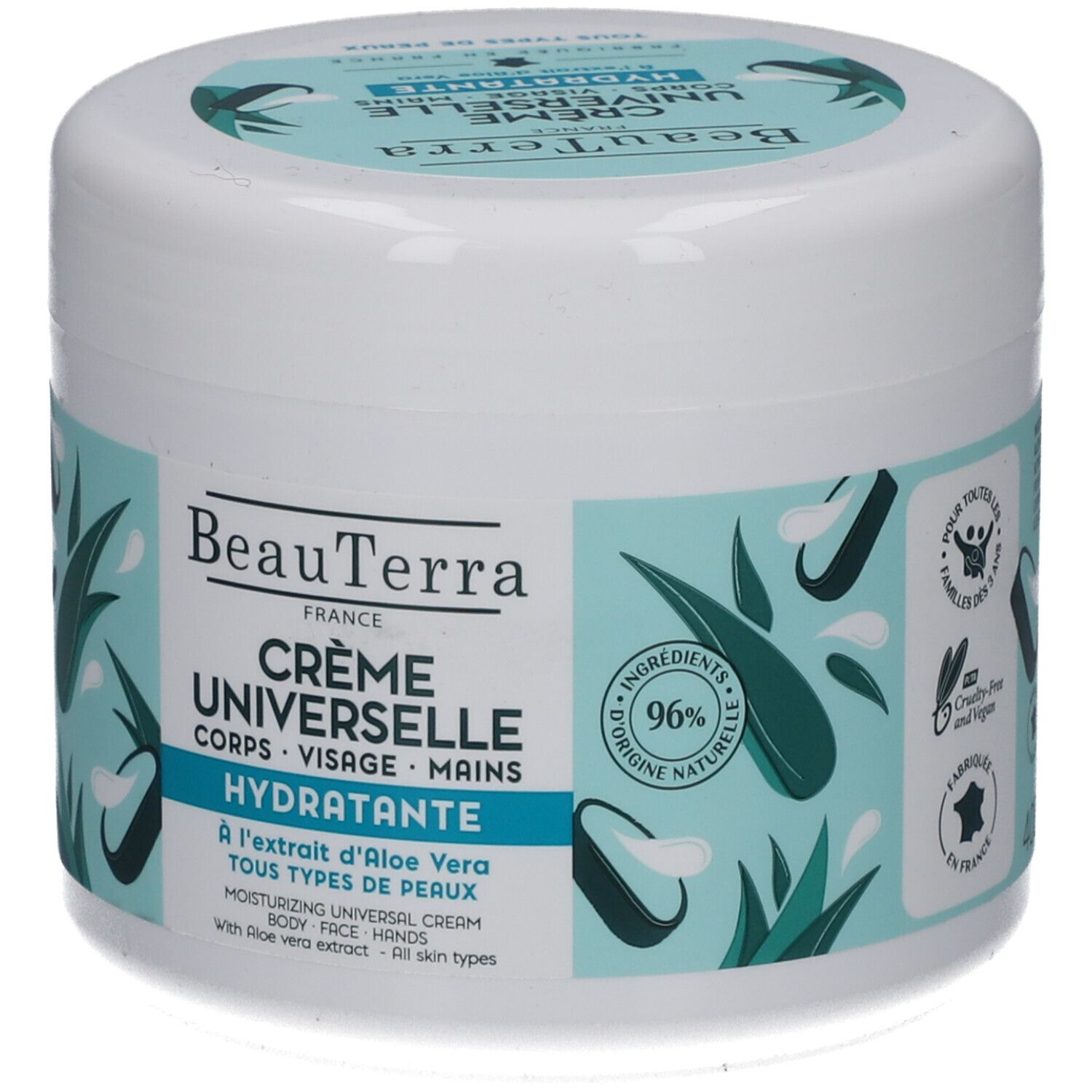 Pot blanc avec texte bleu-vert. Crème Universelle, Corps, Visage, Mains. Extrait d'Aloe Vera. 96% ingrédients d'origine naturelle.