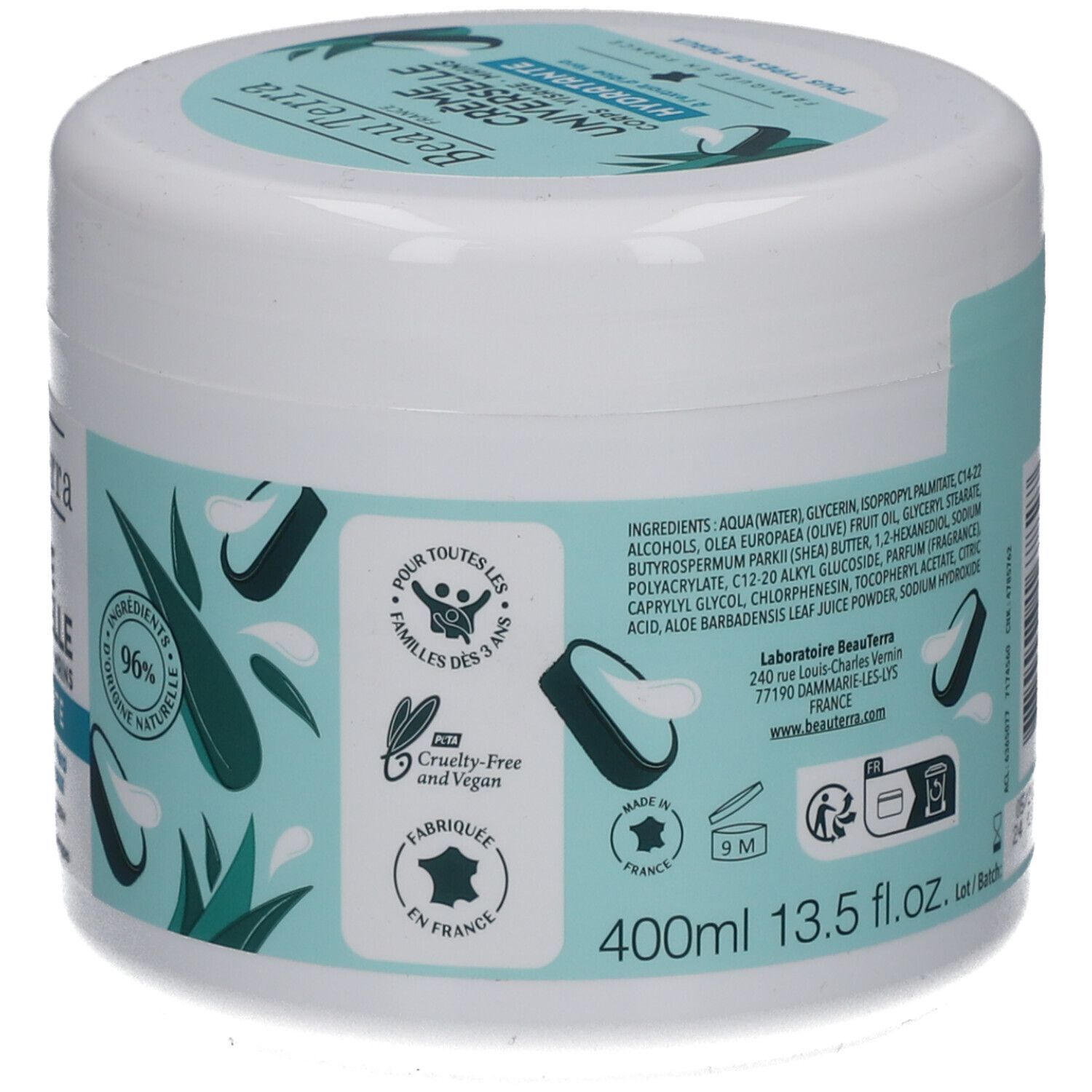 Pot blanc. Texte: 400ml, 13.5 fl.oz. Cruelty-Free, Vegan. Pour familles dès 3 ans. Fabriqué en France.