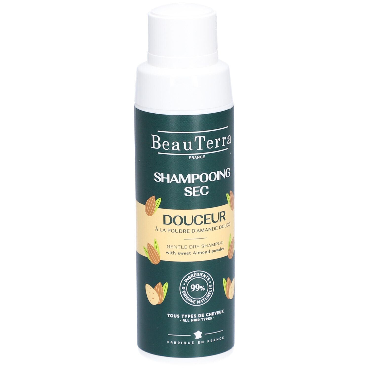 Flacon de shampooing sec vert avec bouchon blanc. Inscriptions: BeauTerra, Shampooing Sec, Douceur, 99% ingrédients d'origine naturelle.