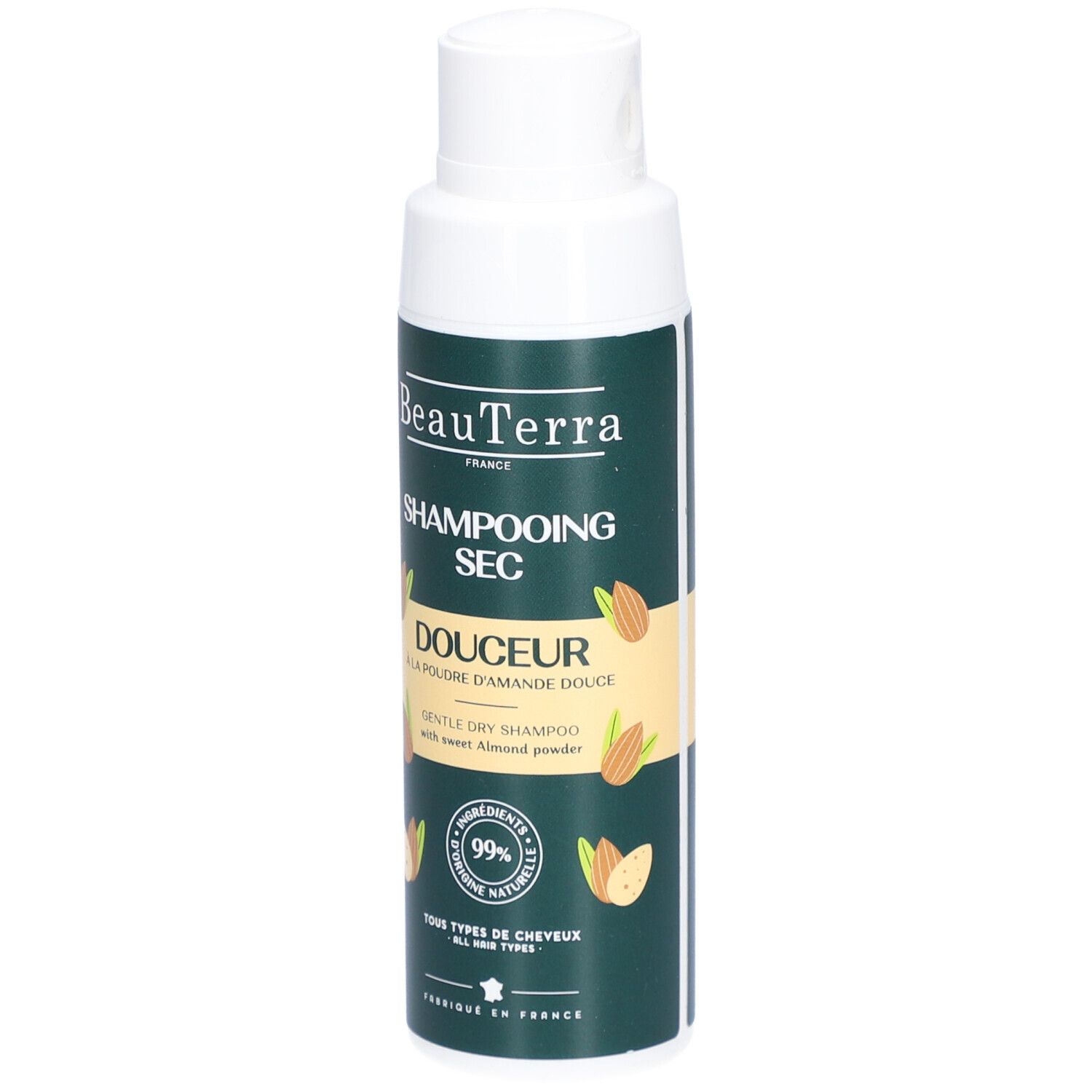 Flacon de shampooing sec vert avec bouchon blanc. Inscriptions: BeauTerra, Shampooing Sec, Douceur, 99% ingrédients d'origine naturelle.