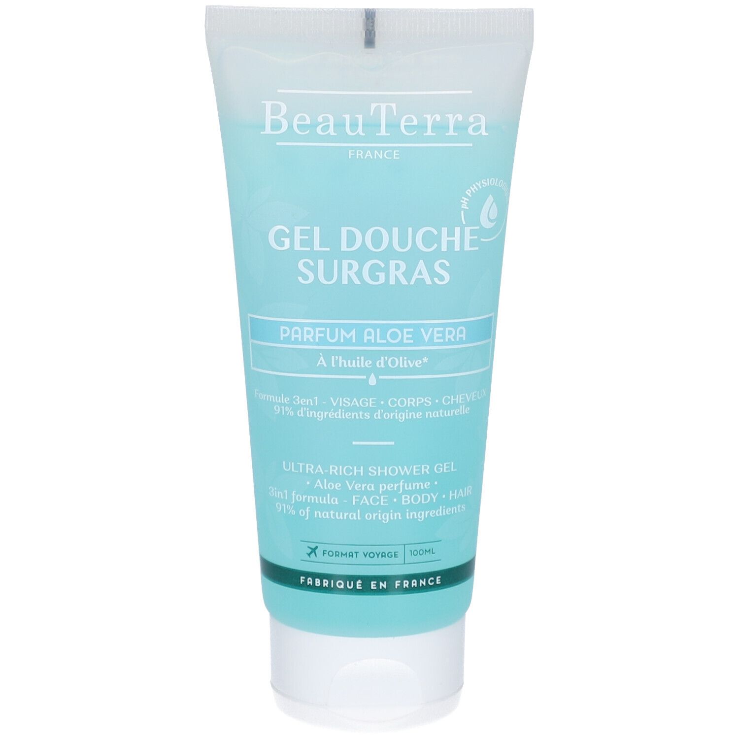 Tube blanche et turquoise. Inscription: BeauTerra, Gel Douche Surgras, Parfum Aloe Vera. À l'huile d'olive. 100ml.