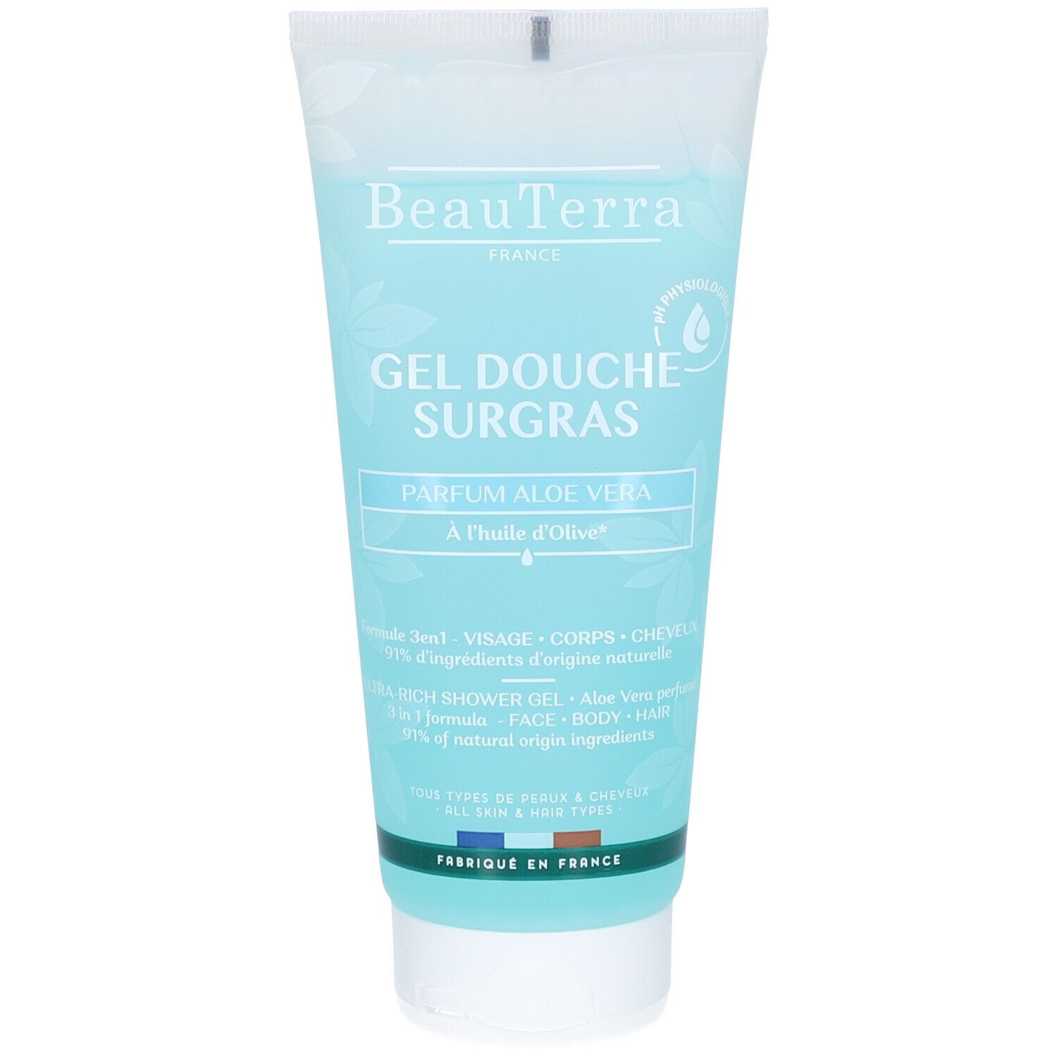 Beauterra Duschgel, türkis-farbene Tube. Text: Gel Douche Surgras, Parfum Aloe Vera. Mit Olivenöl. Für Haut und Haar.