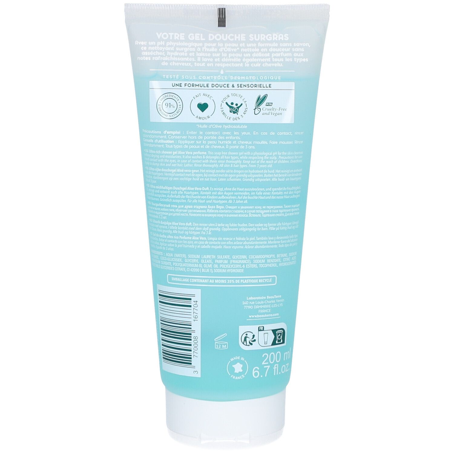 Rückseite der Beauterra Duschgel-Tube. Text: Gel Douche Surgras. Inhaltsstoffe, Zertifizierungen. Volumen: 200 ml.