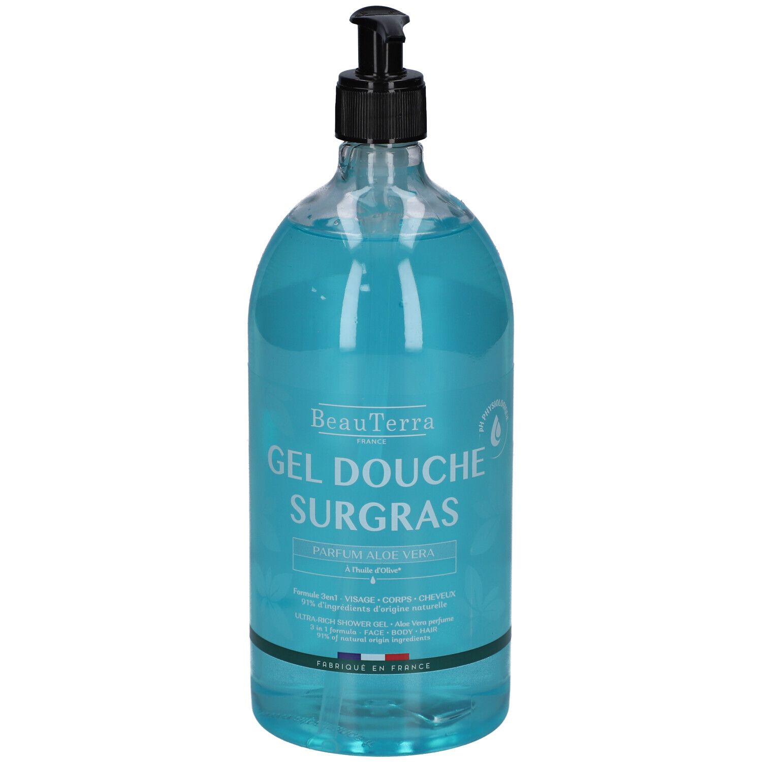 Transparente Flasche mit blauem Duschgel. Schwarzer Spender. Aufschrift: Gel Douche Surgras, Parfum Aloe Vera.