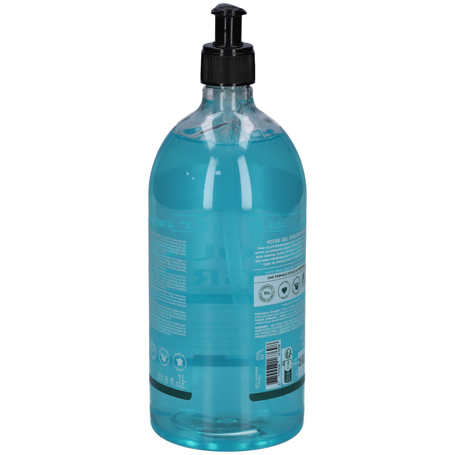 Rückseite der transparenten Flasche mit blauem Duschgel. Schwarzer Spender. Text und Logos.